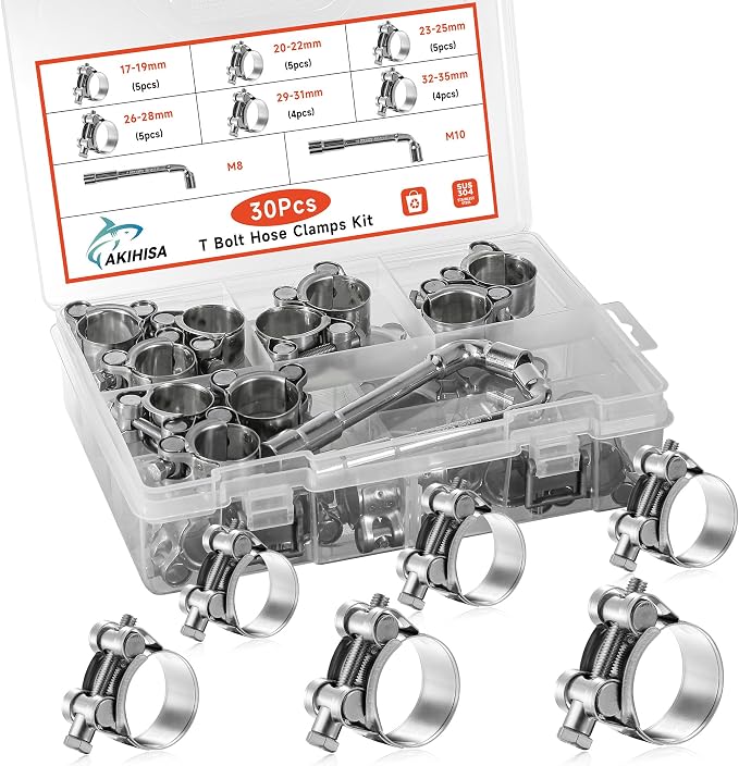AKIHISA 30Pcs 17-35mm 6Sizes T Bolt Hose Clamps, 304 Stainless Steel Heavy Duty Hose Clamps, Constant Tension Hose Clamp, with M8 and M10 Socket Wrenches