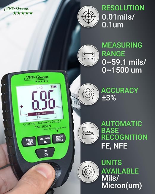 Paint Thickness Gauge CM-205FN for Cars – Digital Coating Thickness Meter, Auto Fe/NFe Detection, 0.1 μm Resolution, 0–1500 μm (0–59.1 mils), ±(3%+2 μm) Accuracy, Backlit LCD