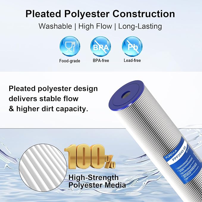 6-Pack 20" x 4.5" Pleated Sediment Water Filter Cartridge, 50 Micron High Flow Whole House Water Filter Replacement for Well Water, Compatible with ECP20-20BB, SPC-45-2020