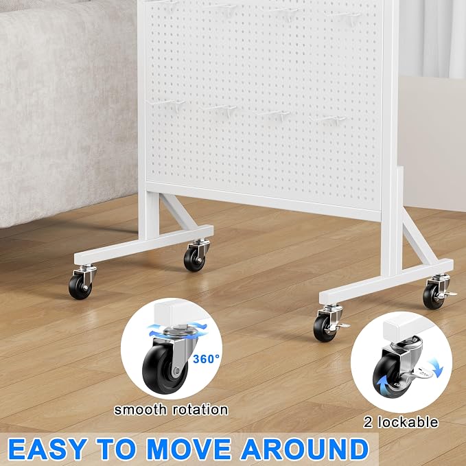 Folews Metal Peg Board Display Stand 24″ x 70″, Freestanding Pegboard Organizer with Wheels & 30 Hooks, Portable Rolling Pegboard Display Rack for DIY Retail Craft Fair Garage Display & Storage, White