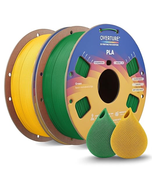 OVERTURE 2KG Bundle High Speed PLA Filament 1.75mm, Neatly Wound 3D Printer Filament 2 Pack 1kg Spool (2.2lbs) Rapid PLA, Fit Most FDM 3D Printers (Green+Yellow)