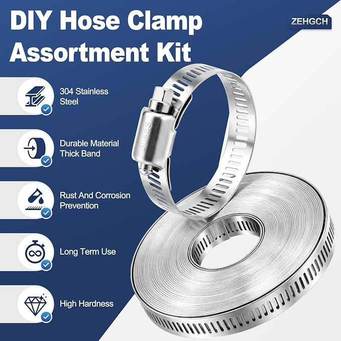 Hose Clamps, DIY 32.81FT Large Adjustable Metal Strap Stainless Steel Hose Clamps with 20 Stronger Fasteners Screw, Worm Gear Hose Clamps for Pipe, Tube, Duct and Fuel Line 25PCS