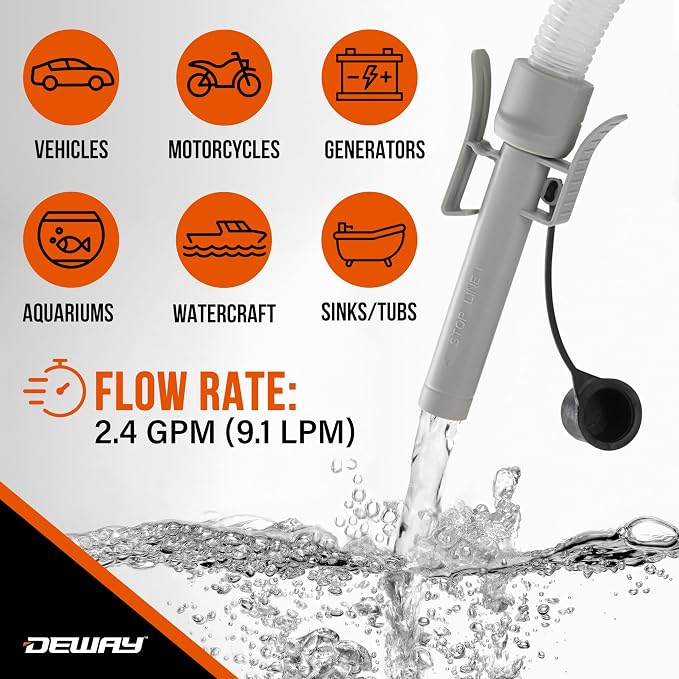 DeWay Fuel Transfer Pump for Gas Can with Precision Auto-Shutoff Nozzle | Fast 2.4GPM Flow Rate, Long 51” Hose, 4 AA Battery Power & 3 Fuel Adapters for Gasoline, Kerosene, Diesel & Non-Potable Water