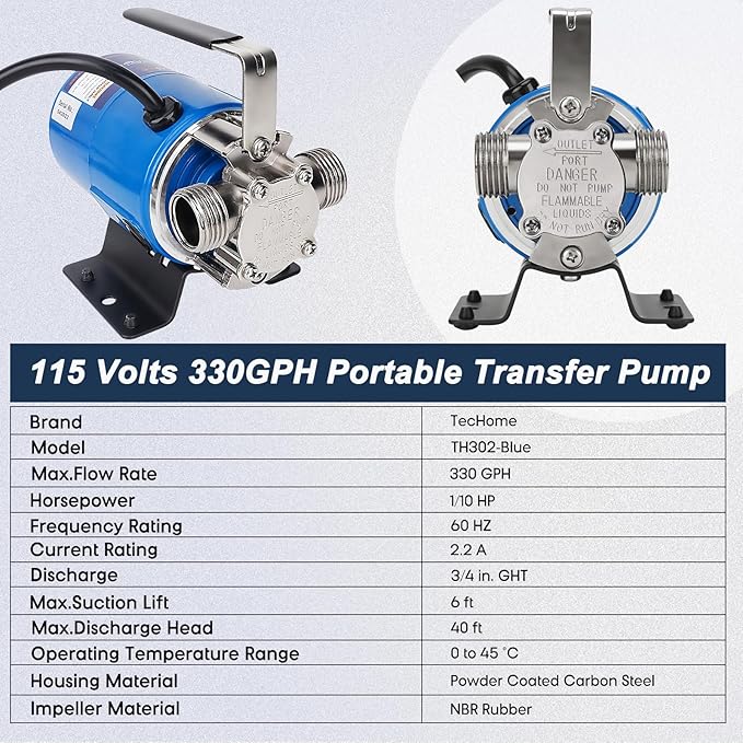 TecHome Water Pump Water Transfer Pump, 115V 1/10HP 330GPH Water Hose Pump, with Suction Hose Kit.