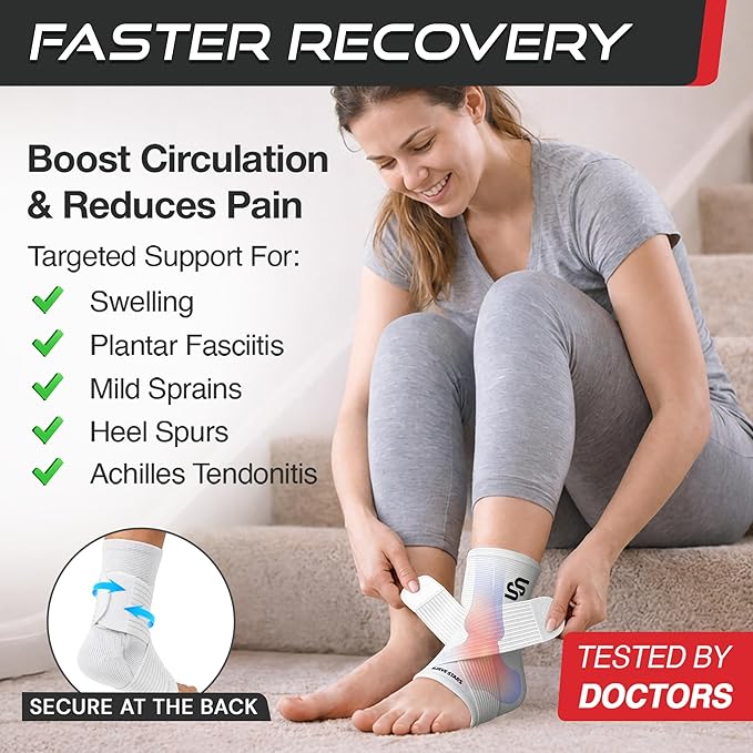 Sleeve Stars Ankle Brace for Women & Men, Ankle Wrap for Sprained Ankle, Compression Sleeve for Plantar Fasciitis Relief, Easy Customizable Support: w/Removable Strap (Single/L:12"-13"/White)