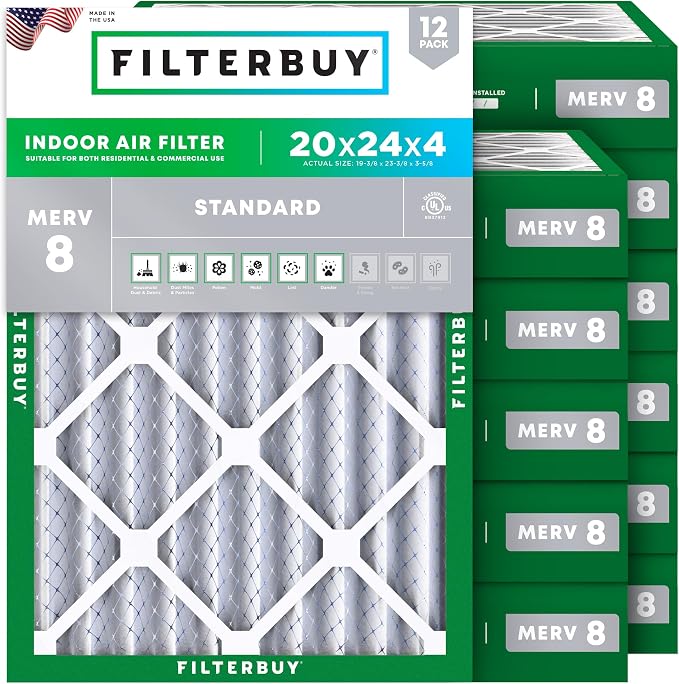 Filterbuy 20x24x4 Air Filter MERV 8 Essential Dust & Allergy Defense (12-Pack), Electrostatic Pleated HVAC AC Furnace Filters Replacement, Made in USA (Actual Size: 19.38 x 23.38 x 3.63)