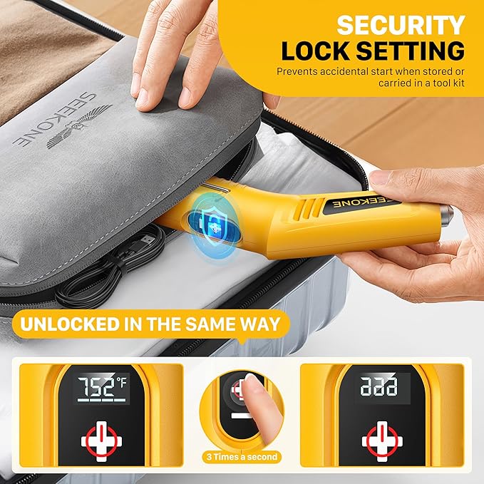 SEEKONE Mini Cordless Heat Gun with 4-Temp Settings (Up to 752°F) and Memory Function, USB Rechargeable Hot Air Gun, Fast Heating with Reflector Nozzle for Crafting, 3d printing and Shrink Wrapping