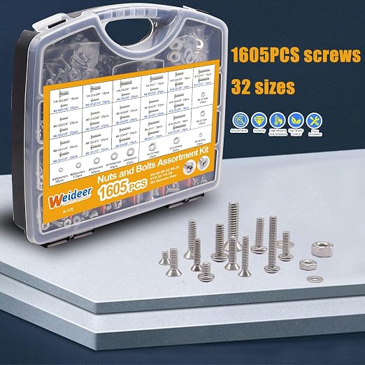 weideer 1605PCS Machine Screws Assortment Kit, 304 Stainless Steel Nuts and Bolts,Phillips Pan Head and Flat Head Screws with Nuts, Bolts,Washers,Organizer Box #4-40#6-32#8-32#10-24#1/4-20
