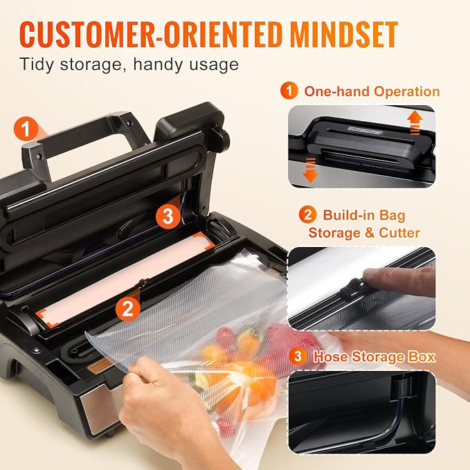 VEVOR Vacuum Sealer Machine, Food Sealer Machine，Dry and Moist Food Storage, Automatic and Manual Air Sealing System with Built-in Cutter, with Seal Bag， External Hose 90Kpa 130W Powerful Dual Pump