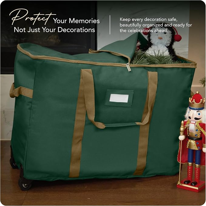 Covermates Keepsakes Rolling Treasurekeeper Storage Bag – Heavy-Duty Polyester with Dual Wheels & Handles – Protects Holiday Decorations with ID Window & Dual Zipper Access, Green