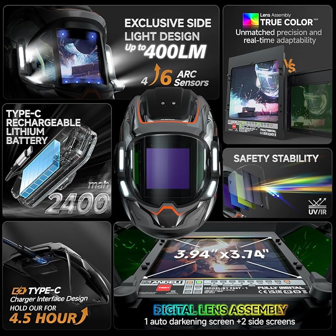 ANDELI Welding Helmet with 4 LED Light, 180° Panoramic 6 Arc Sensor True Color Auto Darkening Welding Hood with Internal Display, 2400mAh Rechargeable Battery for TIG/MIG/Cut/Grind Moner LED PRO