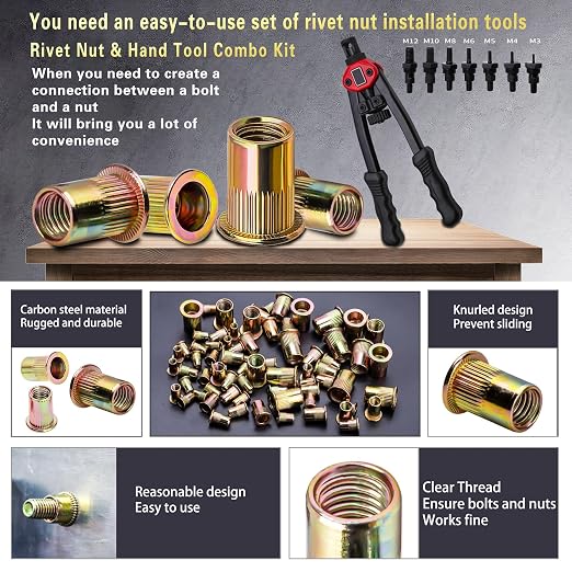 Pressure Rivet Nut Tool Kit, 750PCS Metric Rivet Nut Combination (M6/M5/M4/M3), Suitable for Furniture, Decoration, Automotive, Marine and Industrial Applications