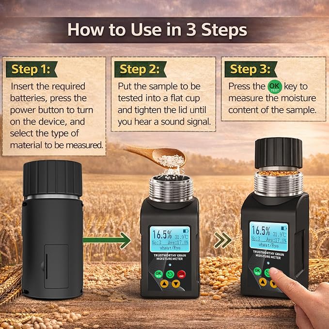 BTMETER Grain Moisture Tester, High Precision Digital Moisture Meter for 40+ Grains Including Wheat, Corn, Coffee Beans, Portable Cup-Type with Data Storage, for Farmers, Food Processors and Traders