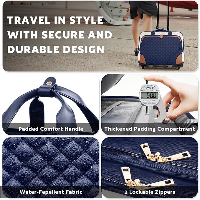 Arcoyard Rolling Laptop Bag, Rolling Briefcase for Women with Waterproof Pocket, 16 Inch Computer Bag, Underseat Carry On Luggage with Wheels for Work Travel Business, Lightweight Navy Blue Brown