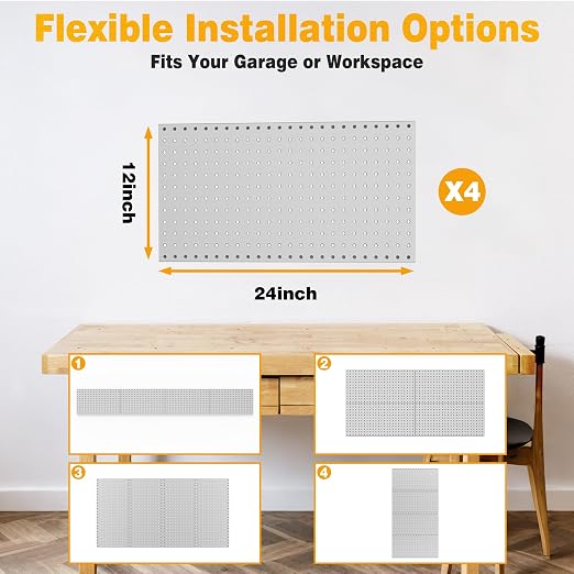 Pegboard Smith Metal Pegboard Panels 12" x 24", 4 Pack Grey Wall Mounted Tool Organizer Boards, Heavy Duty Tool Storage Peg Board for Garage, Workbench, Office, Fits 1/4" Peg Hooks