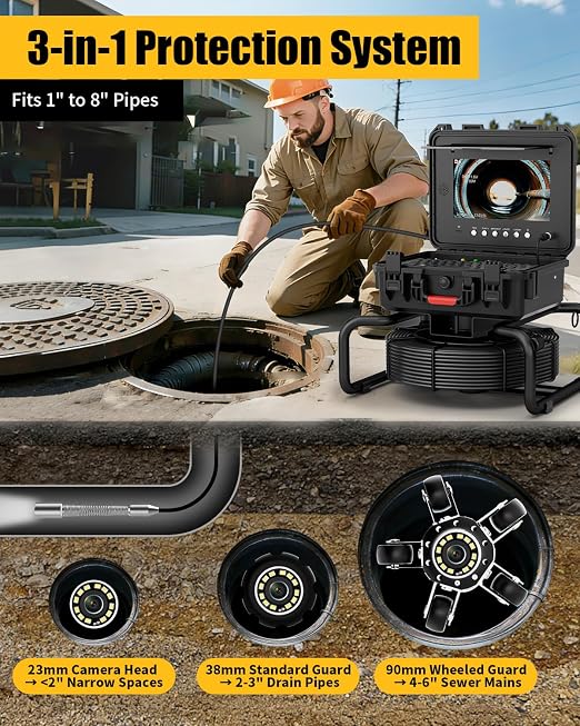 Sewer Camera Self Leveling with 512Hz Sonde & 50m/165ft 7mm Cable, 10" IPS 1080P Drain Camera Pipe Inspection Equipment with DVR Recorder, Keyboard & Meter Counter for Plumbing Professionals