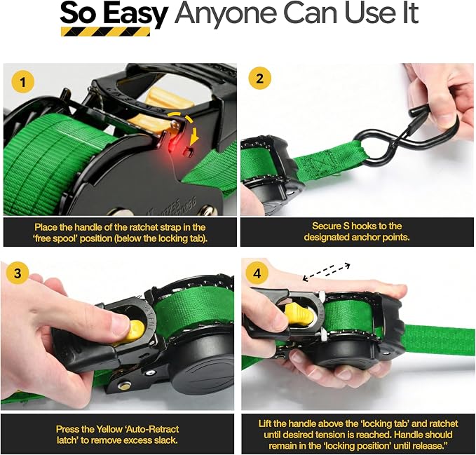 AUGO Retractable Ratchet Straps | 2 Heavy Duty Ratchet Straps Self Retractable Tie Downs with Soft Loops & Storage Bag for Motorcycle, Truck, Trailer, Cargo Van | 3000 Lb Break Strength 2” x 10’
