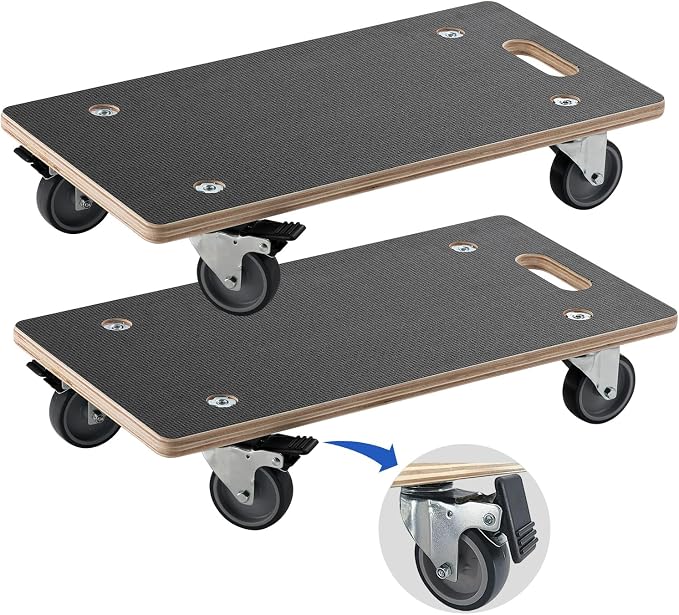 Anti-Slip Plywood Platform Dolly 2 Swivel + 2 Brake Caster Wooden Cart 550 Lbs Capacity (2 Packs per Set) Furniture Transporter Widely Use for Moving Heavy Furnitures,Goods, Green Plants