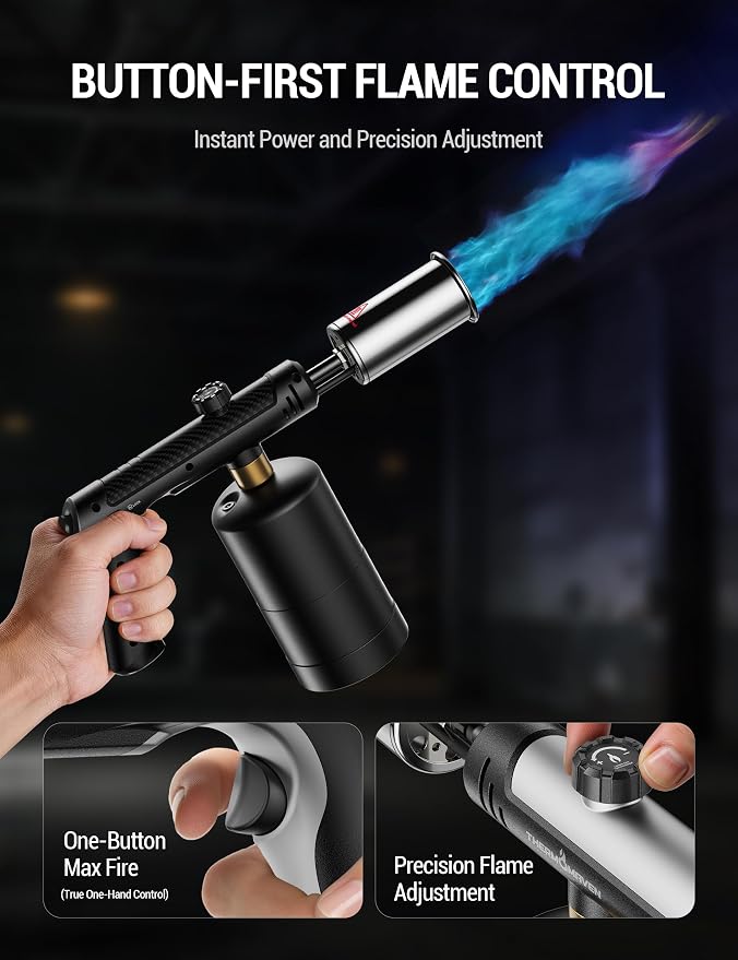 ThermoMaven Propane Torch with One-Touch Max Fire, Blow Torch Gun with Safety Lock, Charcoal Lighter Flame Thrower, Kitchen Food Torch Head for Grill, Sous Vide, BBQ, Stealth Carbon(Tank Not Included)