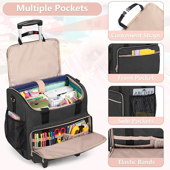 LUXJA Rolling Craft Bag with Pockets for 12 x 12 inch Scrapbook Album and Laptop, Rolling Scrapbook Tote with Detachable Dolly (Patent Pending), Black