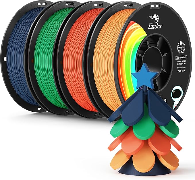 Creality Matte PLA Plus Filament 1.75mm, Low Warping, Minimal Layer Lines, Dimensional Accuracy +/- 0.02mm, 4kg (8.8lb) 3D Printer PLA+ Filament Bundle, Matte Navy Blue+Grass Green+Red+Orange