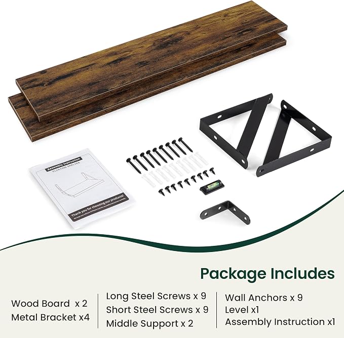 Floating Shelves 8 Inch Deep, 36W x 8D Wall Shelf Set of 2, 60 lbs Heavy Duty Reversible Metal Brackets, Industrial Book Shelf for Living Room Kitchen Bath Bedroom Gallery Wall, Rustic Brown