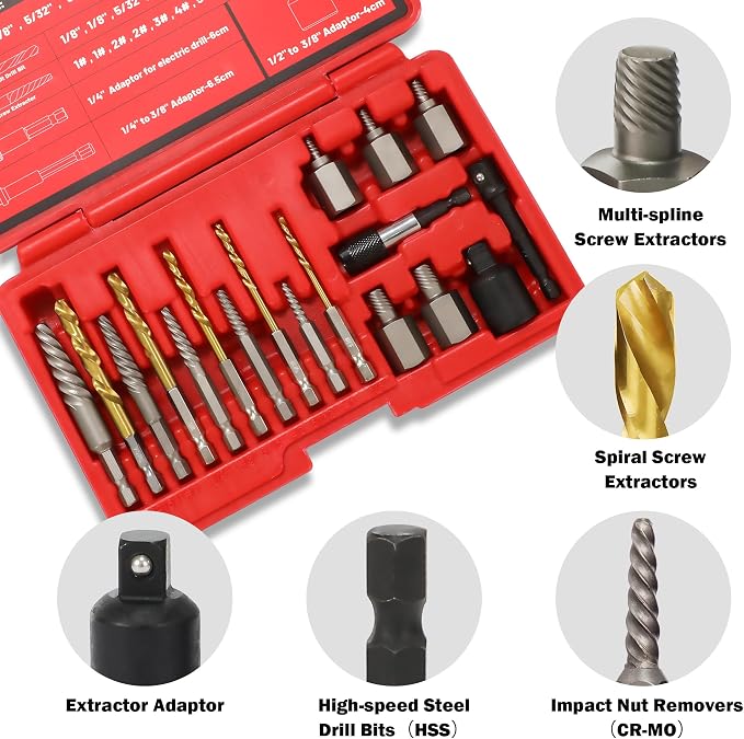 22Pcs Screw Extractor Set, Left Hand Drill Bit Set 6542/4341 HSS, Easy Out Bolt Extractor Set with Hex Adapter, Multi-Spline Stripped Bolt Remover for Broken Rusted Nuts Screws, Bolts, Studs
