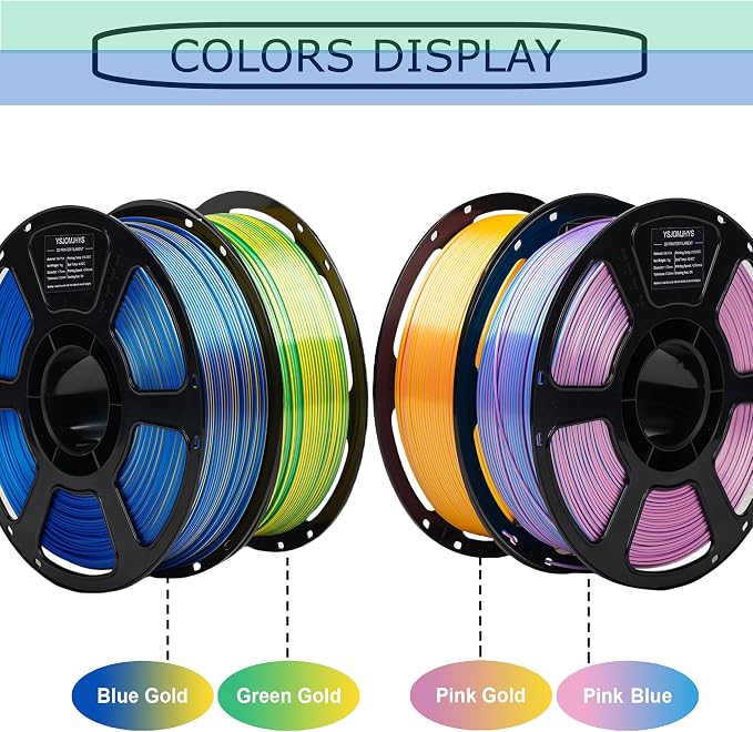 4KG Silk Dual Color Filament Bundle, Shiny 3D Printer Filament 1.75mm Bulk, Dimensional Accuracy +/- 0.02mm, Individually Vacuum Packed, Bicolor PLA Filament Pack, 1KG/Roll, 4 Rolls