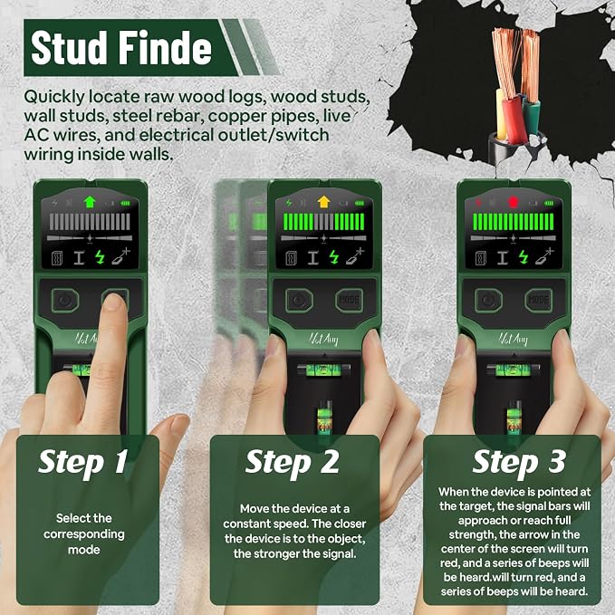 Stud Finder Wall Scanner - 7-in-1 Electronic Wall Stud Detector, Detects Wood, Metal, AC Power, Joists, Pipes with LCD Display, Laser & Bubble Level Ruler