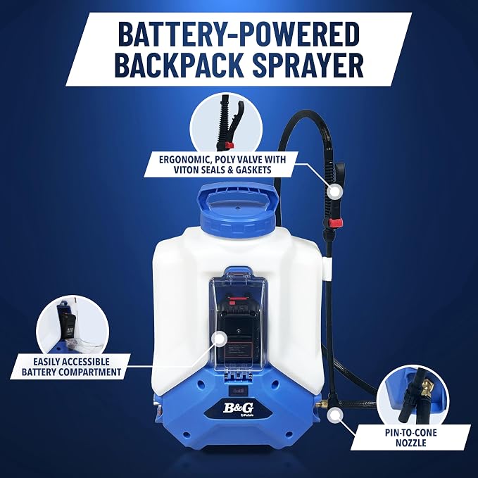 B&G Battery-Powered Backpack Sprayer (2.5 Gallon) – Cordless Electric Sprayer with 12” Extension Wand | 21V 5.2Ah Rechargeable Battery | Adjustable Pin-to-Cone Tip
