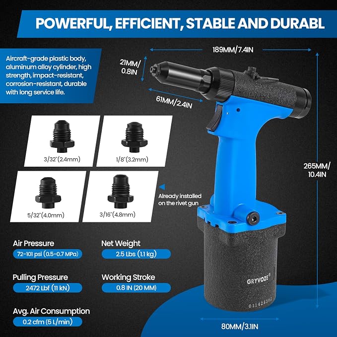 Pneumatic Rivet Gun Kit – Air Pop Riveter with 3/32", 1/8", 5/32", 3/16" Rivet Nozzles, Heavy Duty Air Hydraulic Pop Riveting Tool Set for Automotive, Construction, Manufacturing Industries