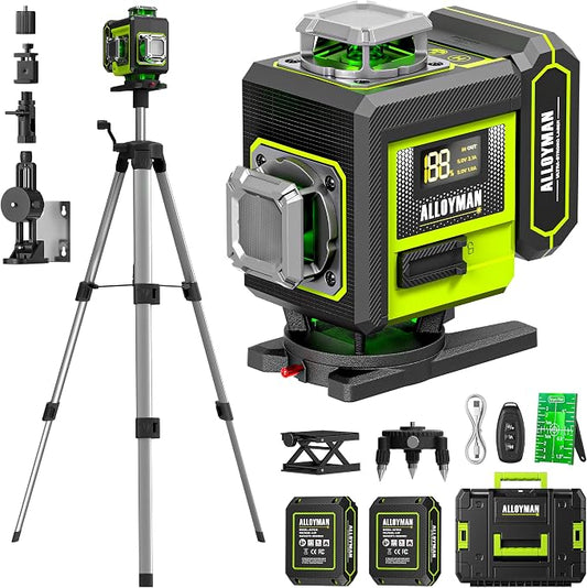 Alloyman Laser Level with Tripod, 4 × 360° Self Leveling Laser Level, Nivel Laser Green Line Lazer Leveler Tool for Picture Hanging, Home Renovation, Indoor Project, 2*Battery&Carrying Bag Included