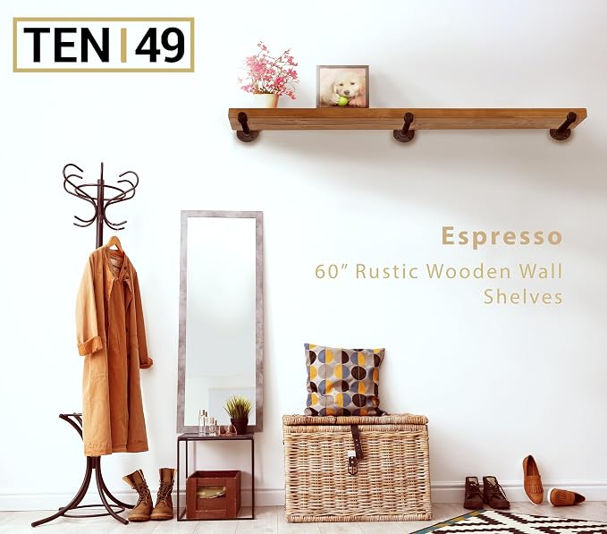 TEN49 Real Wood Rustic Floating Shelves Wall - 60 Wide Small Wooden Industrial Pipe Shelving 1.8 Thick - Farmhouse Pipe Wall Shelves Furniture Bathroom Decor Art Shelf - Dark Espresso Color - Set of 2