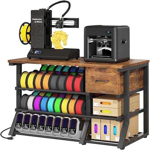 3D Printer Workstation with Power Outlet & Filament Storage, Heavy Duty 4-Tier 3D Printer Stand with Drawer, X-Bracket Stability, Large 39.4” 3D Printing Desk for Workshop, Studio, Office