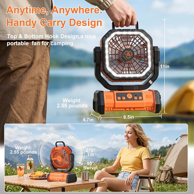 Portable Rechargeable Fan 20000mAh,Cordless Battery Powered Camping Fan with LED Light& Remote,4 Speeds Wind,USB, Timer,Oscillating for Travel Tent,Rv Camping Essentials (Orange)