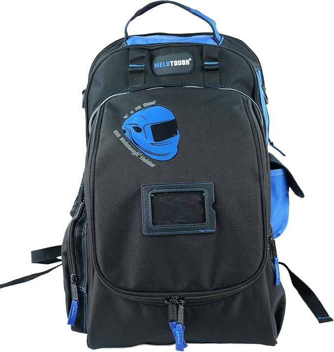 MELOTOUGH Electrician Tool Bag Welding Tool Backpack with Helmet Catch Heavy Duty Tool Organizer Bag for Electrician, Carpenter,Tradesman,Construction,HVAC,Welder (Blue)