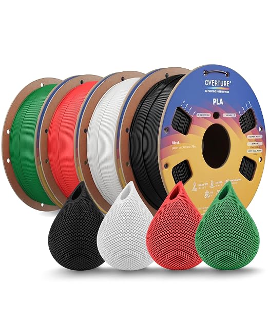 OVERTURE 4KG Bundle High Speed PLA Filament 1.75mm, Neatly Wound 3D Printer Filament 4 Pack 1kg Spool (2.2lbs) Rapid PLA, Fit Most FDM 3D Printers (Black+White+Red+Green)