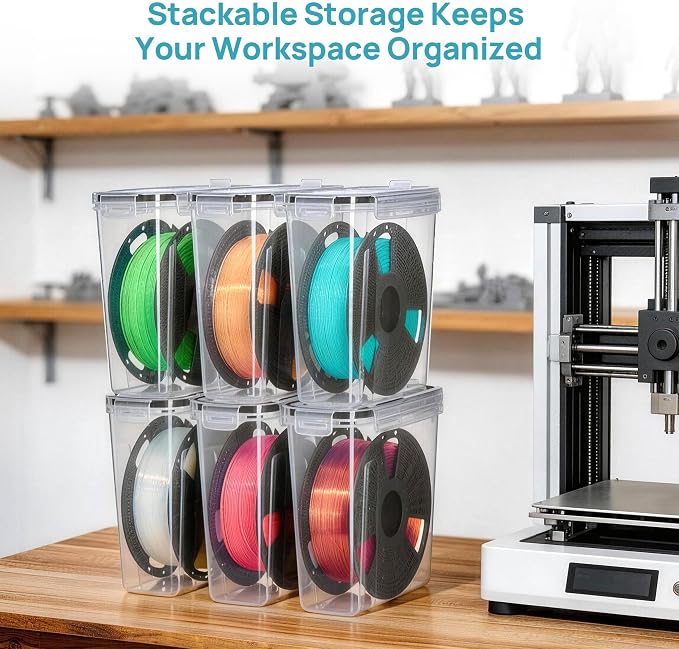 Vtopmart 6 Pack Filament Storage Box - Filament Storage with Desiccant, Labels & Marker, Waterproof Filament Storage Container for 1KG Spools Dust-Proof & Stackable Box for PLA/ABS/PETG/TPU/Nylon