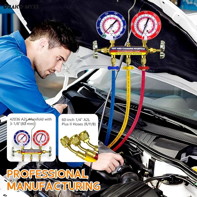 Upgrade 42036 Test & Charging Manifold with 3-1/8"(80 mm) Gauges, A2L Compatible, 2-Valve, 60" Refrigerant Hose, Color-Coded Scales, HVAC Manifold for R32/454B/410A/1234yf,Y/R/B Hoses