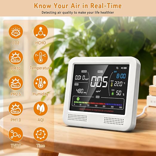 16-in-1 Air Quality Monitor 18Hr Battery 7" LCD CO2 PM2.5 TVOC AQI Alert