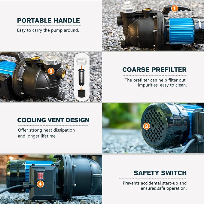 FLUENTPOWER 1.5HP Portable Garden Booster Pump with Prefilter, 1200GPH, Lift 151FT, Shallow Well Jet Pump, Water Transfer Draining Pump for Home Garden Lawn Sprinkler Irrigation