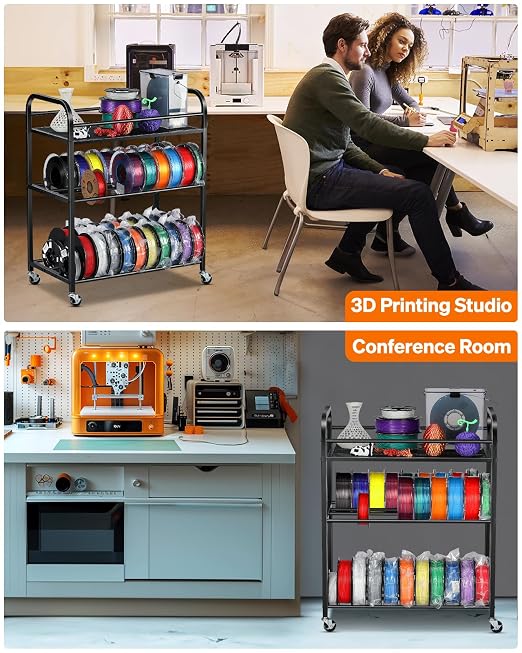 3D Printer Filament Storage Rack- Rolling Filament Spool Holders Racks with Wheels, Heavy Duty Metal Shelf for PLA/ABS/TPU/Nylon, Filaments Organzied for 3D Printing Studio, Office Workshop (Black)