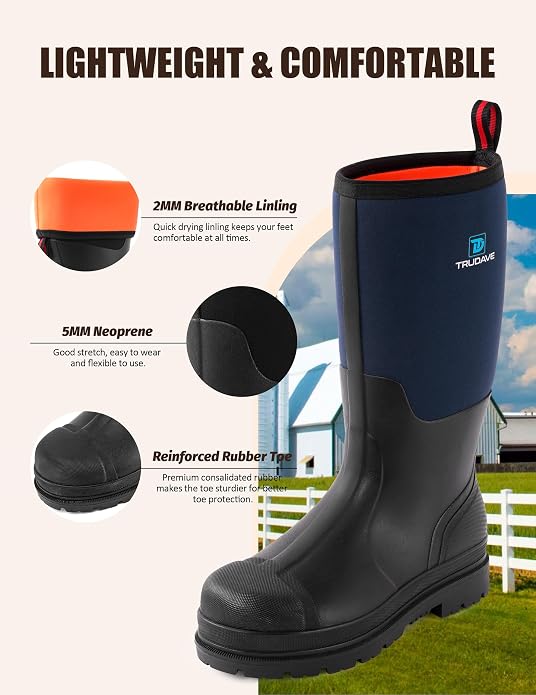 Trudave Rubber Boots for Men, Waterproof Rain Boots with Steel Shank & Reinforced Shell, 5mm Neoprene Insulated Knee Mud Boots for Outdoor Work Hunting Farming Fishing