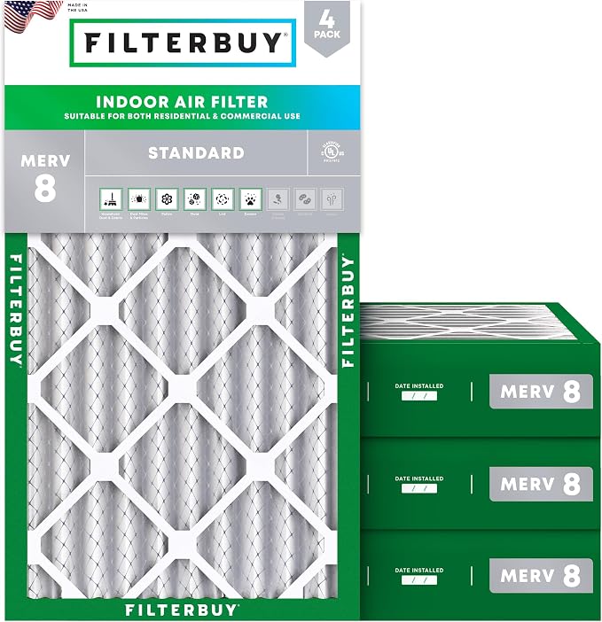 Filterbuy 12x20x4 Air Filter MERV 8 Essential Dust & Allergy Defense (4-Pack), Electrostatic Pleated HVAC AC Furnace Filters Replacement, Made in USA (Actual Size: 11.50 x 19.50 x 3.63)