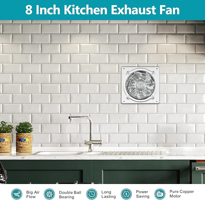 HG Power 8 Inch Kitchen Exhaust Fan, 576CFM Metal Attic Exhaust Fan, Wall Mounted Garage Ventilation Fan, Basement Extractor Fans with Backdraft Damper for Home Office Commercial Use, Silver