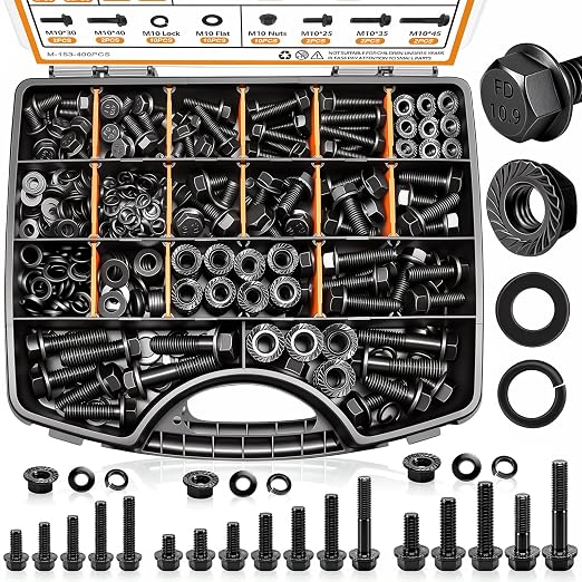 mankk 400PCS Metric Grade 10.9 Flange Bolts and Nuts Assortment Kit M6x1.0, M8x1.25, M10x1.5 (12mm to 45mm) Black Alloy Steel Class Hex Bolts and Nuts Washers Kit for Automotive