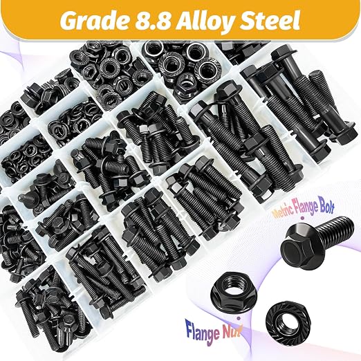 Kadrick Metric Flange Bolt Assortment Kit，700Pcs M6 M8 M10 Bolt Kit,M6-1.0 M8-1.25 M10-1.25 (12mm to 45mm) Hex Bolts Nuts and Washers Kit,Black Zinc Plated