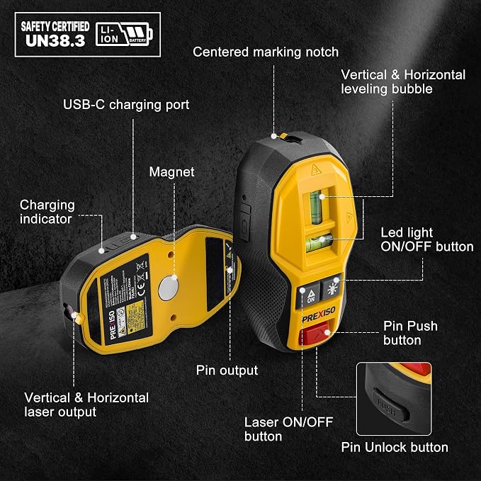 PREXISO 2-in-1 Rechargeable Cross Line Laser Level with Magnetic Stud Finder, Compact Line Lasers with LED Bubble Vials for Accurate Marking for Hanging Frames & Pictures Non-Electronic Stud Finder