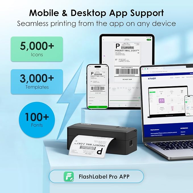 KNAON Shipping Thermal Label Printer, 4x6 Portable Label Printer, Bluetooth Label Maker for Small Business, Support iPhone,Android,Windows,Mac,Chromebook,Works with USPS, Etsy,Shopify&More, Black