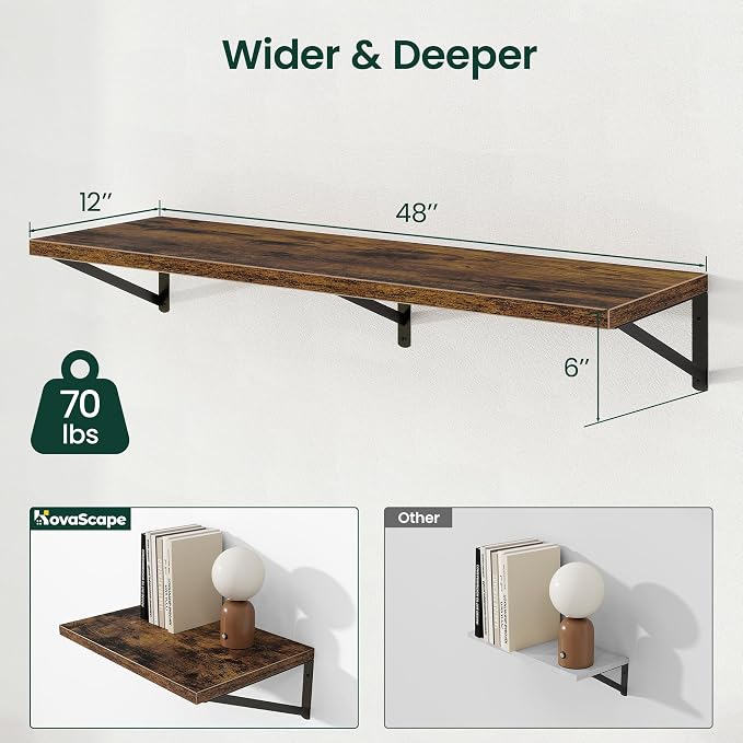 Floating Shelves 12 Inch Deep, 48W x 12D Wall Shelf Set of 2, 70 lbs Heavy Duty Reversible Metal Brackets, Industrial Book Shelf for Living Room Kitchen Bath Bedroom Coffee Bar, Rustic Brown